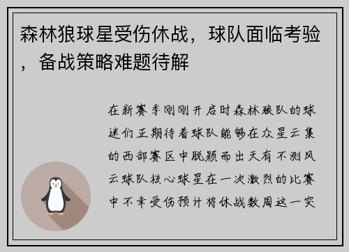 森林狼球星受伤休战，球队面临考验，备战策略难题待解